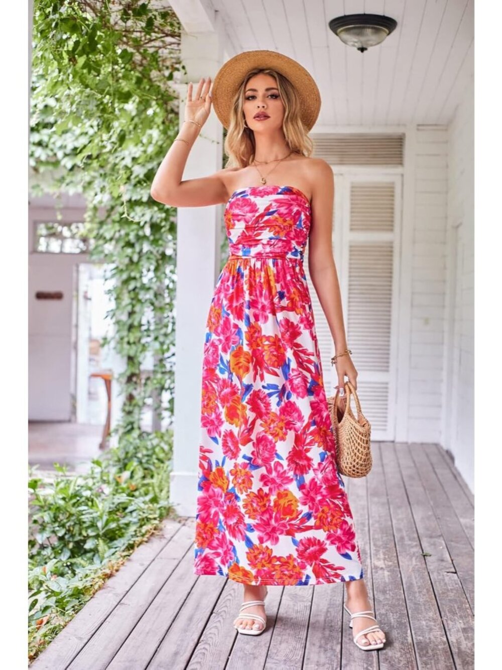 🆕Women's Pink Orange Strapless Neck Sleeveless A-Line Summer Comfort Maxi Dress - Picture 3 of 6